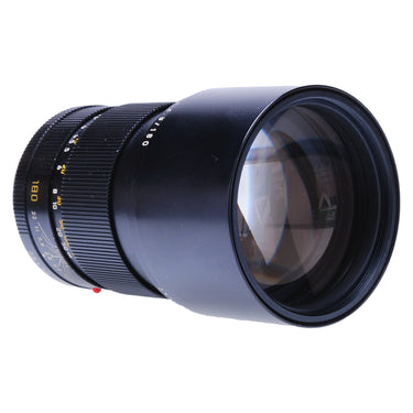 Leica 180mm f2.8 Elmarit-R angled view of front glass and 180 focus scale