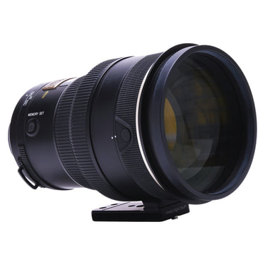 Nikon 200mm f2G ED VR three-quarter front view on Really Right Stuff foot