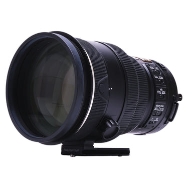 Nikon 200mm f2G ED VR three-quarter view showing focus limiter and VR switch panel