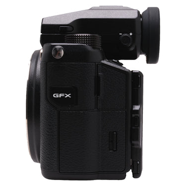 Fujifilm GFX 50S left side showing GFX badge and port covers