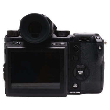 Fujifilm GFX 50S rear view with LCD screen, viewfinder, and controls