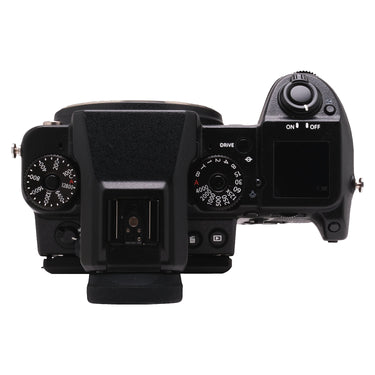 Fujifilm GFX 50S top plate with ISO dial, shutter speed dial, and hot shoe