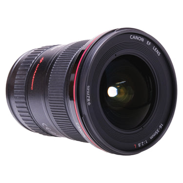 Canon EF 16-35mm f2.8 L II USM rear three-quarter view showing front element and Ultrasonic marking