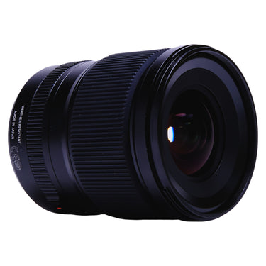 Fujifilm GF 23mm f4 angled side view showing weather resistant and made in Japan markings