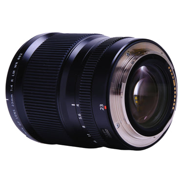Fujifilm GF 23mm f4 angled rear view showing G mount contacts and rear element