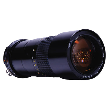 Nikon 200mm f4 Micro-Nikkor side view with focus scale and front glass