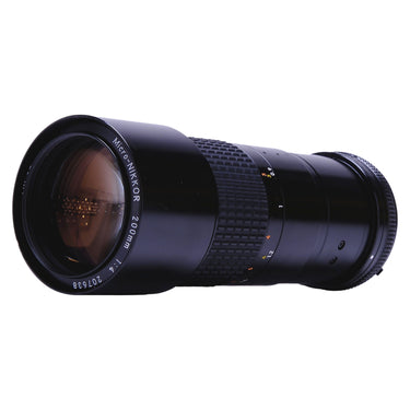 Nikon Micro-Nikkor 200mm f4 side view showing barrel engraving and front element