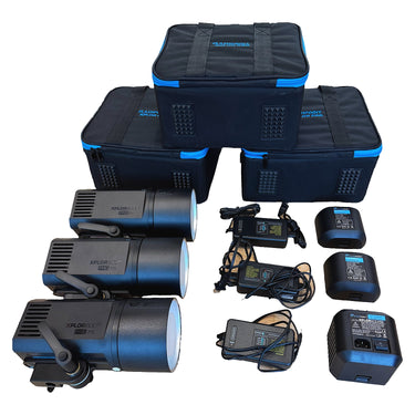 Flashpoint XPLOR600 PRO R2 full kit with three strobes, three soft cases, two batteries and AC adapter