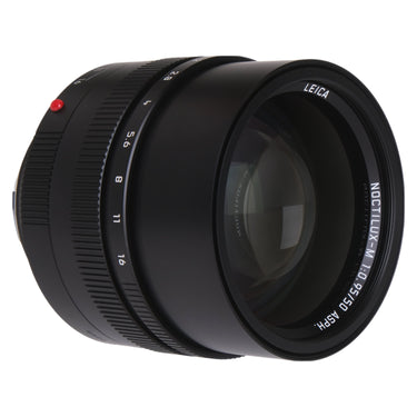 Leica Noctilux-M 50mm f0.95 angled front view of front element and Leica name