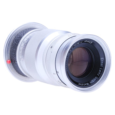 Leica 9cm f4 Elmar angled view with front element and Ernst Leitz engraving