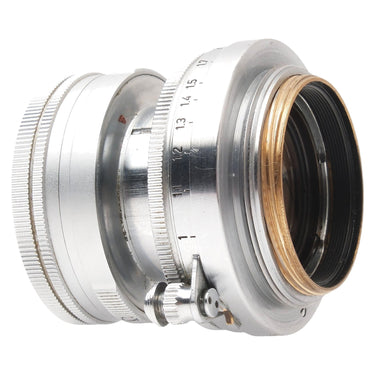 Leica 5cm f2 Summicron rear side view showing brass screw mount threads and locking lever