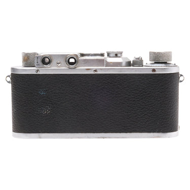 Leica III rear view showing viewfinder eyepiece, dials, and leatherette