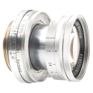 Leica 5cm f2 Summicron angled view with barrel extended