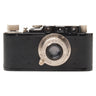 Leica II black rangefinder camera front with Elmar 50mm f3.5 lens and viewfinder