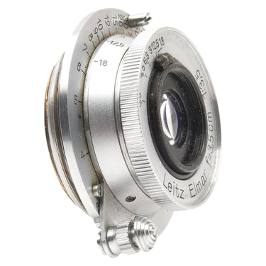 Leica Elmar 3.5cm f3.5 angled front view showing front element and knurled focus ring
