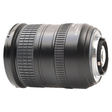 Nikon 18-200mm lens side view angled toward the rear mount end