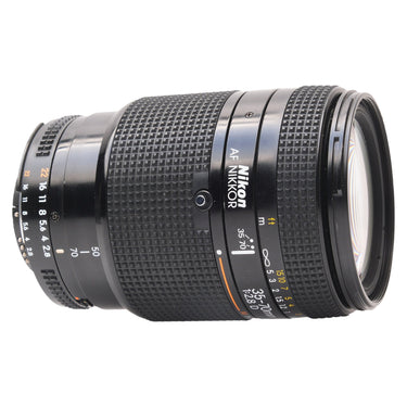 Nikon 35-70mm f2.8 D side view showing zoom and focus rings and name engraving