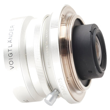 Voigtlander Snapshot Skopar three-quarter view with front element and mount