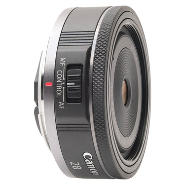 Canon RF 28mm F2.8 STM front angled view with control switch and focus ring
