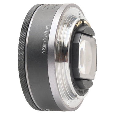 Canon RF 28mm F2.8 STM rear showing RF mount with rear cap fitted