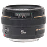 Canon EF 50mm f1.4 USM lens front angled view showing distance scale window and AF/MF switch