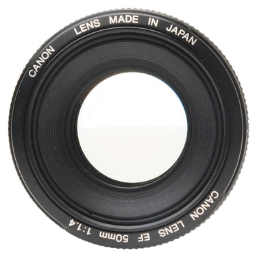 Canon EF 50mm f1.4 lens front element and filter ring with Made in Japan marking