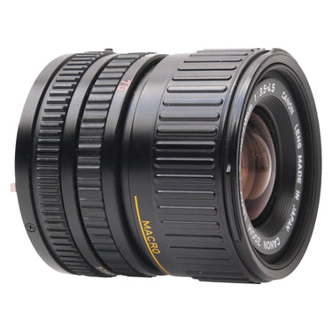 Canon FD 35-70mm f3.5-4.5 angled front view with macro marking