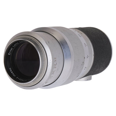 Leica Hektor 13.5cm f4.5 angled view with engraved Ernst Leitz name ring and front glass