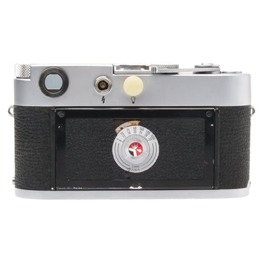 Leica M3 back view showing film speed reminder dial and flash sync port