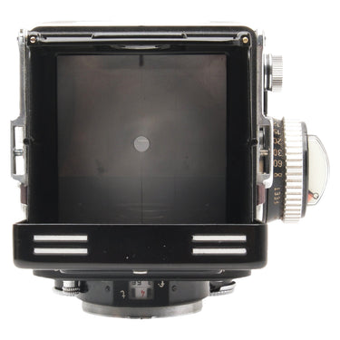 Rolleiflex 3.5F top-down view into waist-level finder showing focusing screen