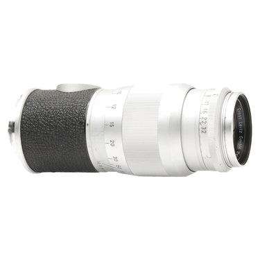 Leica 13.5cm Hektor lens horizontal, front element at right and knurled focus barrel