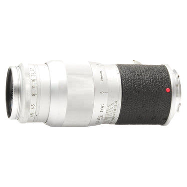 Leica 13.5cm Hektor lens horizontal, front element at left with red index dot near mount