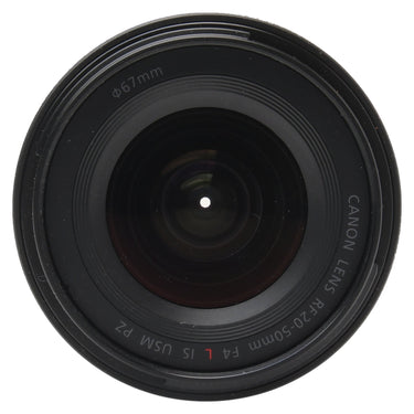Canon RF 20-50mm f4 L front element with 67mm marking and lens name