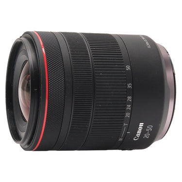 Canon RF 20-50mm f4 L opposite side view with zoom scale and distance markings