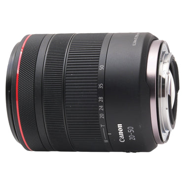 Canon RF 20-50mm f4 L side view with rear mount partly visible