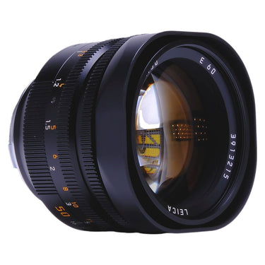 Leica 50mm f1 Noctilux-M angled front view showing focus and distance scales