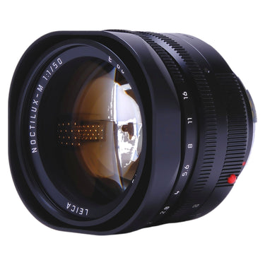 Leica 50mm f1 Noctilux-M angled view of front glass and aperture ring