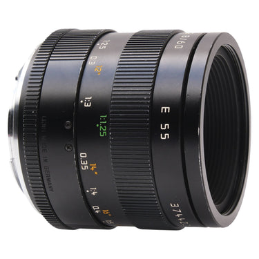 Leica 60mm f2.8 Macro-Elmarit-R side view showing E55 filter thread and serial number