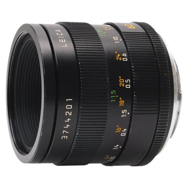 Leica 60mm f2.8 Macro-Elmarit-R side view showing LEICA engraving and serial 3744201