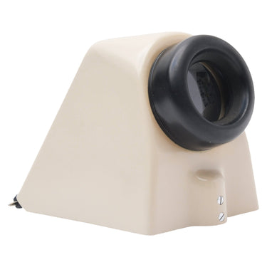 Linhof 2X3 tan viewfinder three-quarter view with black rubber eyecup at upper right