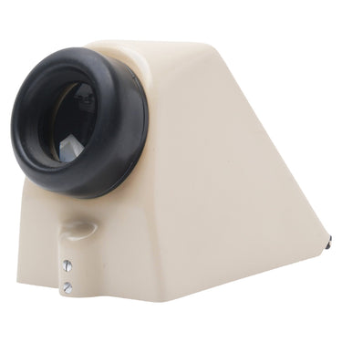 Linhof 2X3 tan viewfinder three-quarter view with black rubber eyecup at upper left