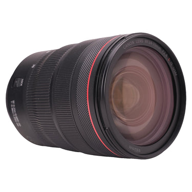 Canon RF 24-70mm f2.8 L IS USM angled front view with red ring and lock switch