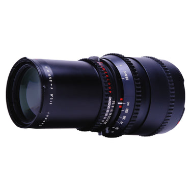 Hasselblad 250mm Sonnar side view showing focus scale and aperture and shutter speed markings