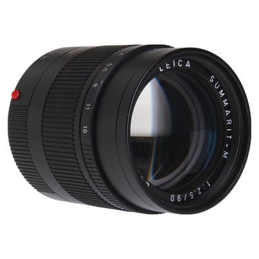 Leica Summarit-M 90mm f2.5 angled front view showing Summarit-M engraving and front element