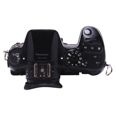 Panasonic Lumix GH4 top plate with mode dial, hot shoe, and controls