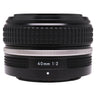 Nikon Z 40mm f2 SE side view showing 40mm 1:2 marking and silver control ring