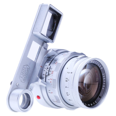 Leica Summicron 50mm f2 Dual Range three-quarter front view with goggles and aperture scale