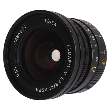 Leica Elmarit-M 21mm f2.8 ASPH angled front view showing serial number and E55 front element