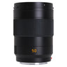 Leica APO-Summicron-SL 50mm f2 side view with lens shade mounted, bayonet mount at base