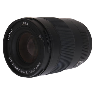 Leica APO-Summicron-SL 50mm f2 angled front view with serial number and E67 filter marking